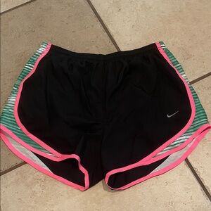 Nike Women's Black Athletic Shorts with Pink and Green Accents